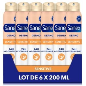 SANEX Deodorant gegen Schweiß Dermo Sensitive - Schutz gegen Schweiß & Gerüche 24 Stunden - für empfindliche Haut - stellt den natürlichen pH-Wert wieder her - Dermatologisch getestet - 6 x 200 ml