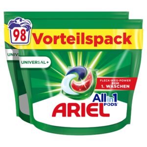 Ariel Allin1 PODS®, Flüssigwaschmittel-Kapseln Universal+ 98 Waschladungen, Wirken Selbst Bei 7 Tage Alten, Eingetrockneten Flecken In Kaltem Wasser