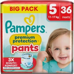 Pampers Premium Protection Pants Große 5, 36 Windeln, 11kg-17kg, Mit 360° Passform und 2x breiteren Bündchen als vorher für unseren besten Komfort & Schutz