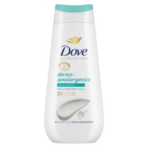 Dove Hypoallergenes Dermo-Duschgel, feuchtigkeitsspendendes Duschgel, milde Formel auf dem Hautmikrobiom, pflanzliche Feuchtigkeitsspender, SLES-frei, Duschbad für Damen und Herren, 225 ml