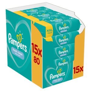 Pampers Fresh Clean Feuchttücher 15 Packungen mit 80 Stück, 1200 Feuchttücher, milder Duft, auch für Hände und Gesicht geeignet