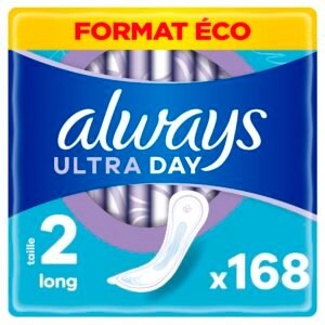 Always Ultra Damenbinden, Größe 2, lang, 168 Handtücher ohne Flügel, moderater Tagesablauf, Eco-Format, maximaler Komfort, super saugfähig und ultradünn