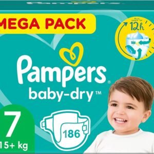 Pampers Baby-Dry Übernachtungswindel, Große 7 (15+ kg), 186 Stück, Mega Pack 1 Monat, bis zu 12 Stunden, trocken und mit doppelter Rückseite, auslaufsicher, jetzt mit mehr Windeln