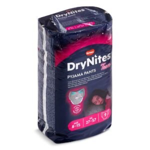 HUGGIES DryNites Nachtwindeln, für Mädchen 8-13 Jahre (30-48 kg), hochabsorbierende bei Bettnässen, 9 Stück (1er Pack) Windel-Pants