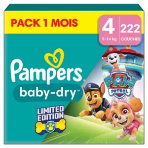 Pampers Baby-Dry Paw Patrol Edition Große 4, 222 Windeln, 9kg-14kg, Bis zu 100% Auslaufsicher & Komfortable Nacht