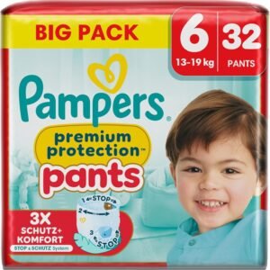 Pampers Premium Protection Pants Große 6, 32 Windeln, 13kg-19kg, Mit 360° Passform und 2x breiteren Bündchen als vorher für unseren besten Komfort & Schutz