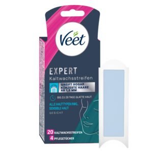 Veet Expert Kaltwachsstreifen Gesicht - Wachsstreifen zur Haarentfernung für alle Hauttypen inkl. sensibler Haut - 10 Doppelstreifen = 20 Streifen
