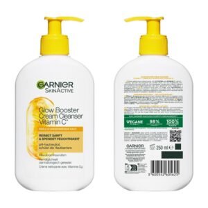 Garnier Gesichtsreinigung für fahle, unebenmäßige Haut, Reinigend und feuchtigkeitsspendend, Mit Vitamin C und Glycerin, Vegane Formel, Glow Booster Cream Cleanser Vitamin C, SkinActive, 250 ml