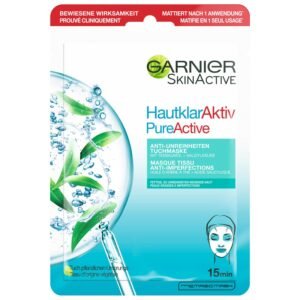 Garnier Tuchmaske, Gesichtsmaske für fettige Haut, Anti-Unreinheiten, Formel mit Teebaumöl und Salizylsäure, Hautklar Aktiv, 23 g