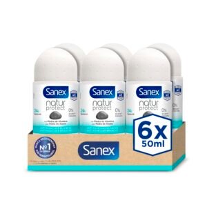 Sanex Natur Protect Deodorant Roll-On, 6 Stück x 50 ml, 24H-Schutz gegen schlechten Geruch, mit Aluminiumstein, 0% Alkohol, frei von Allergenen und Farbstoffen, Antitranspirant, Anti-weiße Flecken