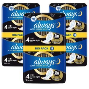 Always Ultra Secure Night Damenbinden mit Flügeln, Große 4, 18 Stück pro Packung (3 Stück)  insgesamt 54 Einlagen