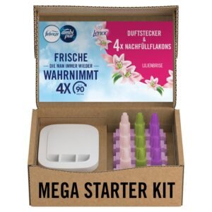 Febreze Programmierbarer Lufterfrischer 3Volution Duftstecker Starter-Kit + 4x Nachfüllflakons Lilienbrise, 3 Wechselnde Düfte Zum Bekämpfen Von Gerüchen