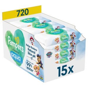 Pampers Harmonie Aqua Baby-Feuchttücher, 15 Packungen mit 48 Feuchttüchern = 720 Baby-Feuchttücher helfen, den natürlichen pH-Wert der Haut wiederherzustellen, leichte Lotion mit 99% Wasser