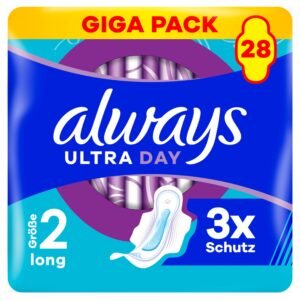 Always Ultra Day Damenbinden Long (Größe 2) Mit Flügeln 28 Stück, Super Saugfähig Und Ultra Dünn, Für Die Periode