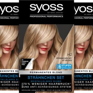 Syoss Color Coloration Set H2 Strähnchen Set Stufe 3 (3 x 95 ml), Haarfarbe für kristallblonde Strähnchen wie vom Friseur, blonde Strähnen mit Anti-Schädigungs-Pflege