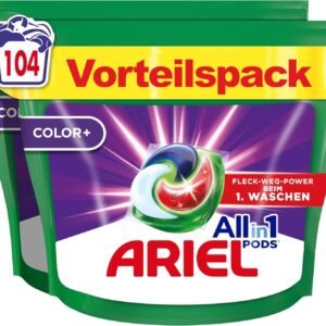 Ariel Waschmittel Pods All-in-1, Color+ Flüssigwaschmittel, 104 (2x52) Waschladungen, Kraftvolle Fleckenentfernung In Nur 1 Waschgang