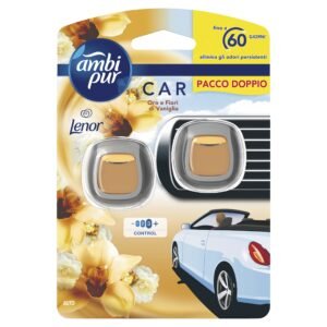 Ambi Pur Auto-Lufterfrischer, 2 Auto-Lufterfrischer, Gold- und Vanilleblüten, beseitigt Gerüche, einfach zu befestigen, für bis zu 30 Tage Duft für Deodorant, Einweg und Wettkampf