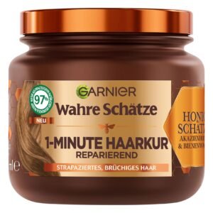 Garnier Wahre Schätze Reparierende 1-Minute Haarkur für brüchiges und strapaziertes Haar, Mit Akazienhonig und Bienenwachs für weniger Spliss und Haarbruch, 1 x 340 ml