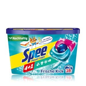 Spee Power Caps Frische-Kick 4 + 1 (18 Waschladungen), Kapsel, Vollwaschmittel für helle und weiße Wäsche, vordosiertes Waschmittel vereint Reinheit, Strahlkraft, Extra Frische & Nachhaltigkeit