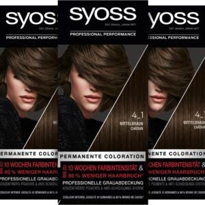 Syoss Color Coloration 4_1 Mittelbraun Stufe 3 (3 x 115 ml), permanente Haarfarbe für bis zu 10 Wochen Farbintensität und 70% weniger Haarbruch*