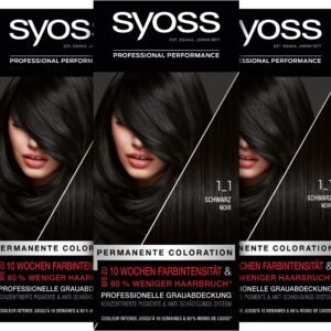 Syoss Color Coloration 1_1 Schwarz Stufe 3 (3 x 115 ml), permanente Haarfarbe für bis zu 10 Wochen Farbintensität und 80% weniger Haarbruch*