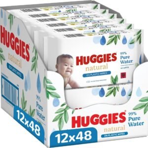 Huggies Natural 0% Plastiktücher - 576 Babytücher - 12x48 Tücher - Hergestellt aus 100% Naturfasern - Pflege für empfindliche Babyhaut - Feuchttücher mit 99% Wasser