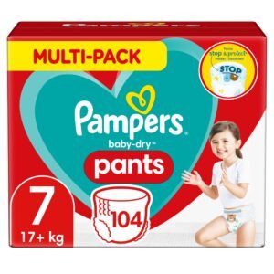Pampers Windeln Pants Große 7 (17kg+) Baby-Dry, Extra Large mit Stop- und Schutz Täschchen, MONATSBOX, 104 Höschenwindeln