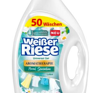 Weißer Riese Universal Gel Aromatherapie Floral Sensation Lotus (50 Waschladungen), Vollwaschmittel für strahlend saubere Wäsche wirkt riesig stark gegen Flecken schon ab 20° C, 100% recycelbar*