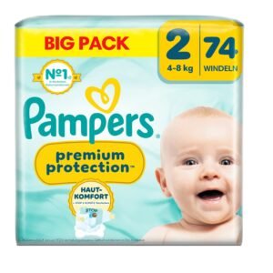 Pampers Premium Protection Große 2, 74 Windeln, 4kg-8kg, Doppelter Schutz für die Haut und vor Auslaufen