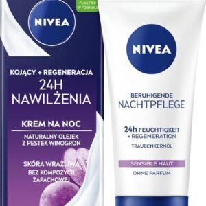 NIVEA Beruhigende Nachtpflege 24h Feuchtigkeit + Regeneration, parfumfreie Gesichtscreme für sensible Haut, zarte Nachtcreme mit Traubenkernöl