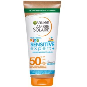 Garnier Sonnenschutzmilch mit LSF 50+ für Kinder, Sonnencreme mit sehr hohem Sonnenschutz, Anti-Austrocknung der Haut, Ambre Solaire Kids Sensitive expert+, 1 x 175 ml