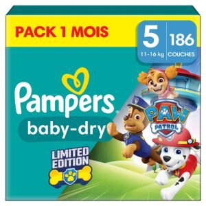 Pampers Baby-Dry Paw Patrol Edition Große 5, 186 Windeln, 11kg-16kg, Bis zu 100% Auslaufsicher & Komfortable Nacht