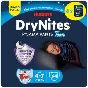 HUGGIES DryNites saugfähige Nachtwindeln bei Bettnässen, Für Jungen 4-7 Jahre (17-30 kg), 64 Stück, Jumbo Monatspackung