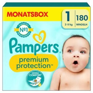 Pampers Premium Protection Große 1, 180 Windeln, 2kg-5kg, Doppelter Schutz für die Haut und vor Auslaufen