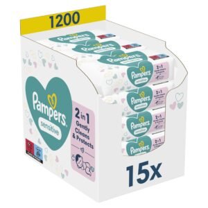 Pampers Sensitive Feuchttücher 15 Packungen mit 80 Stück - 1200 Feuchttücher, ohne Duft, für eine sanfte und weiche Reinigung