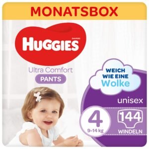 Huggies Ultra Comfort Pants Große 4, 9 bis 14 kg, Für aktive Kinder, Mit Nässeindikator und Wolken-Taillenbündchen-Technologie, 144 Windeln, Monatsbox, Monatspack, Großpackung