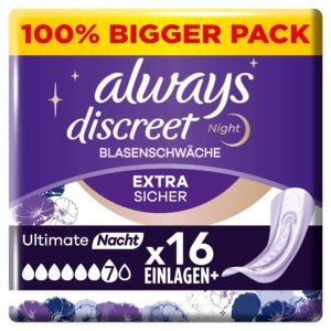 Always Discreet Inkontinenzeinlagen Plus Ultimate Nacht (8 Binden) für Damen, starker Schutz, den Sie kaum spüren