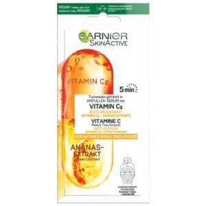 Garnier Tuchmaske, Gesichtsmaske für müde Haut ohne Glow, Anti-Müdigkeit, Getränkt in Ampullen-Serum, Vegane Formel mit Vitamin C und Ananas-Extrakt, 15 g