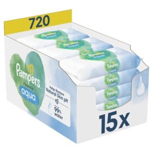 Pampers Harmonie Aqua Feuchttücher 15 Packungen mit jeweils 48 Feuchttüchern - 720 Feuchttücher, die helfen, den natürlichen pH-Wert der Haut wiederherzustellen, leichte Lotion mit 99% Wasser