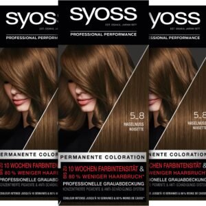 Syoss Color Coloration 5_8 Haselnuss Stufe 3 (3 x 115 ml), permanente Haarfarbe für bis zu 10 Wochen Farbintensität und 70% weniger Haarbruch*