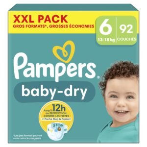 Pampers Baby-Dry Größe 6, 92 Windeln, 13 kg - 18 kg, mit einer Stop- & Protect-Tasche auf der Rückseite der Windel für eine Nacht bis zu 100% ohne Auslaufen